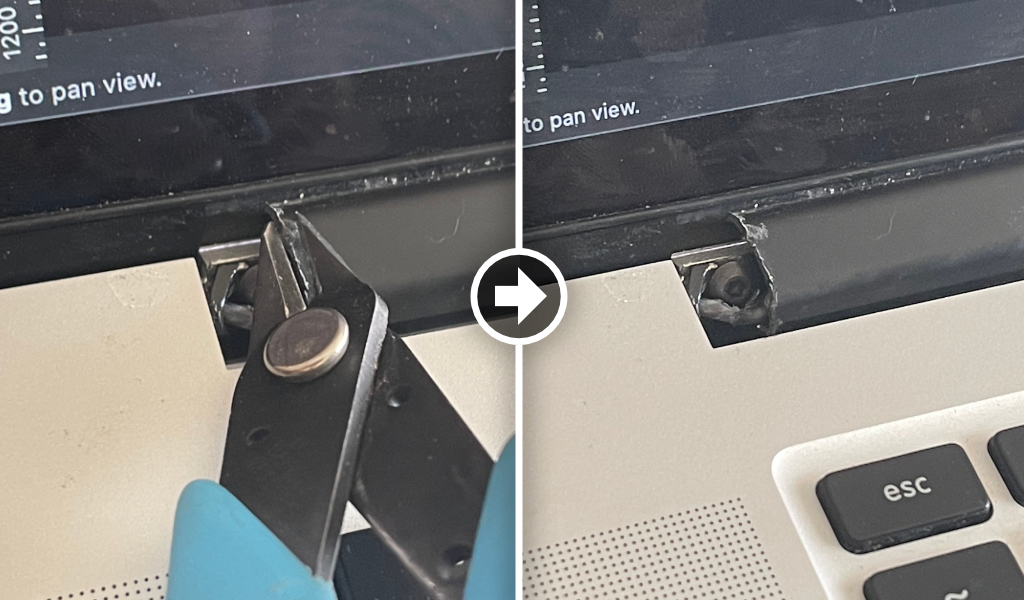 laptop hinge with flush cutters, before and after